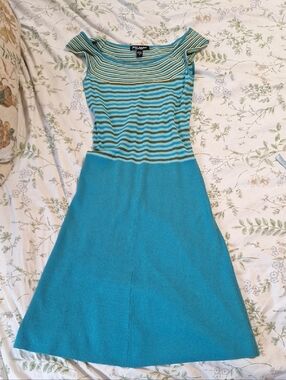 Blue Striped Knit Midi A-Line Dress